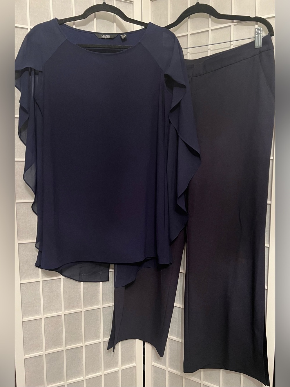 DENNIS BASSO Navy Chiffon Ruffle Drape Cape Top & Navy Rafaella Poncho Pants